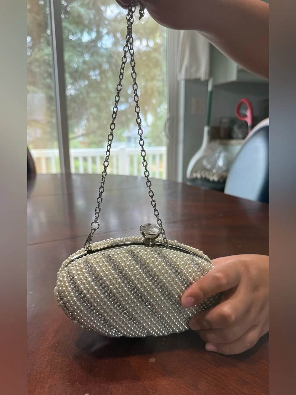 Pearl-Embellished Ivory Evening Clutch with Silver Frame
